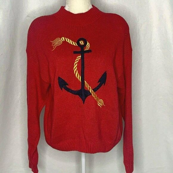 Vintage 80s Knit Pullover Sweater L Red Anchor Nau - Picture 2 of 5